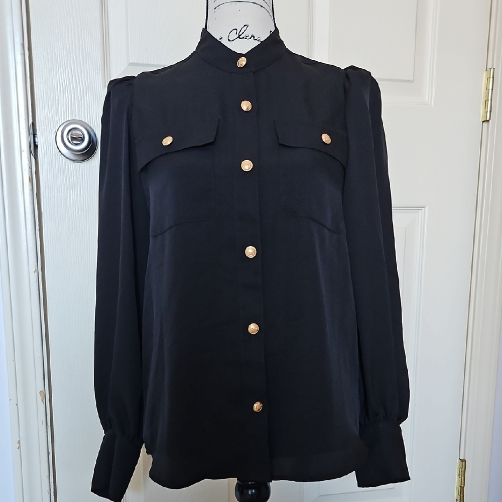 Express Black Blouse with Gold Accents